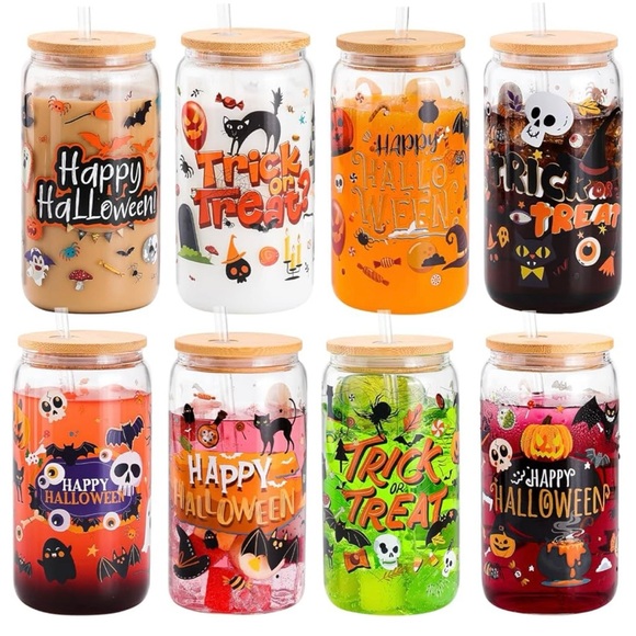 🎃NEW🎃Halloween Hot & Cold 16 OZ Glass Tumblers with Bamboo Lids & Straws☠️👻 - Picture 1 of 1